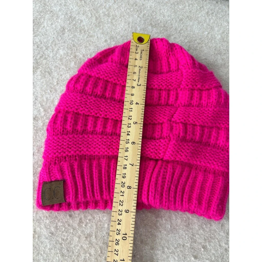 C.C Hot Pink Cable Knit Beanie Hat Ribbed Cuff Faux Leather Logo Patch 1563